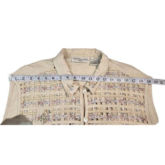 VTG 90s Woven Vest Cream Cotton Linen 2X Victoria Jones Woman Floral Embroidery - Picture 14 of 15